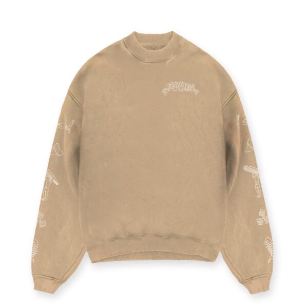 A sand color sweatshirt with beach inspired designs on sleeves.