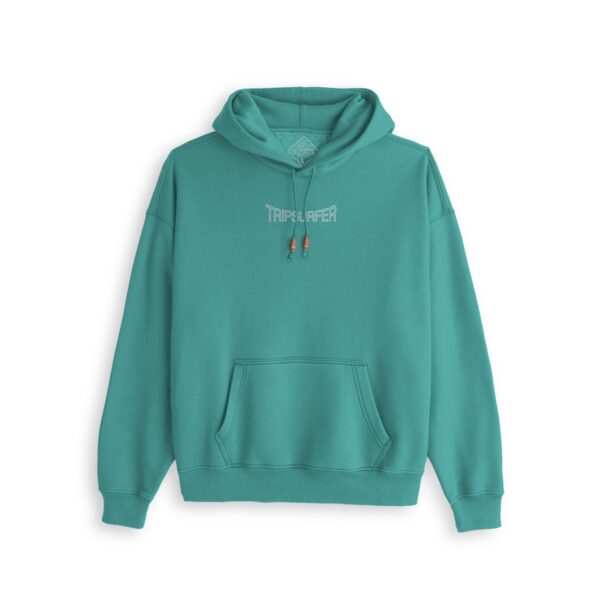 A teal blue surfer style hoodie with embroidered designs.