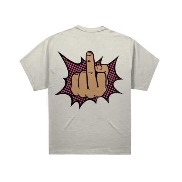 A tee shirt with a middle finger on the back.