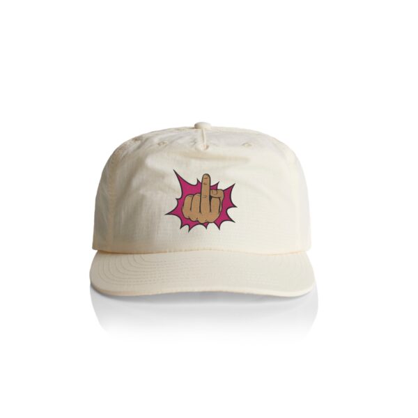 A nylon surf style cap with a middle finger embroidered on the front.