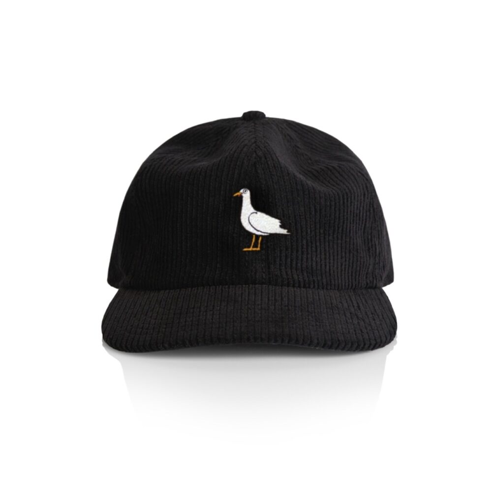 Image is of the TripSurfer Corduroy Gull Cap. This black hat features a seagull on the front.