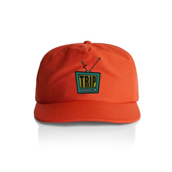 An orange retro surf style cap featuring a bright, colorful tv logo.