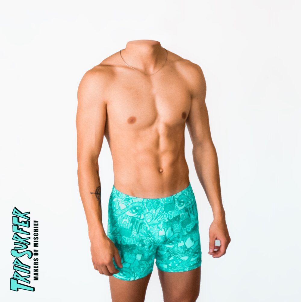 An image of a headless surfer wearing our signature swim underwear.