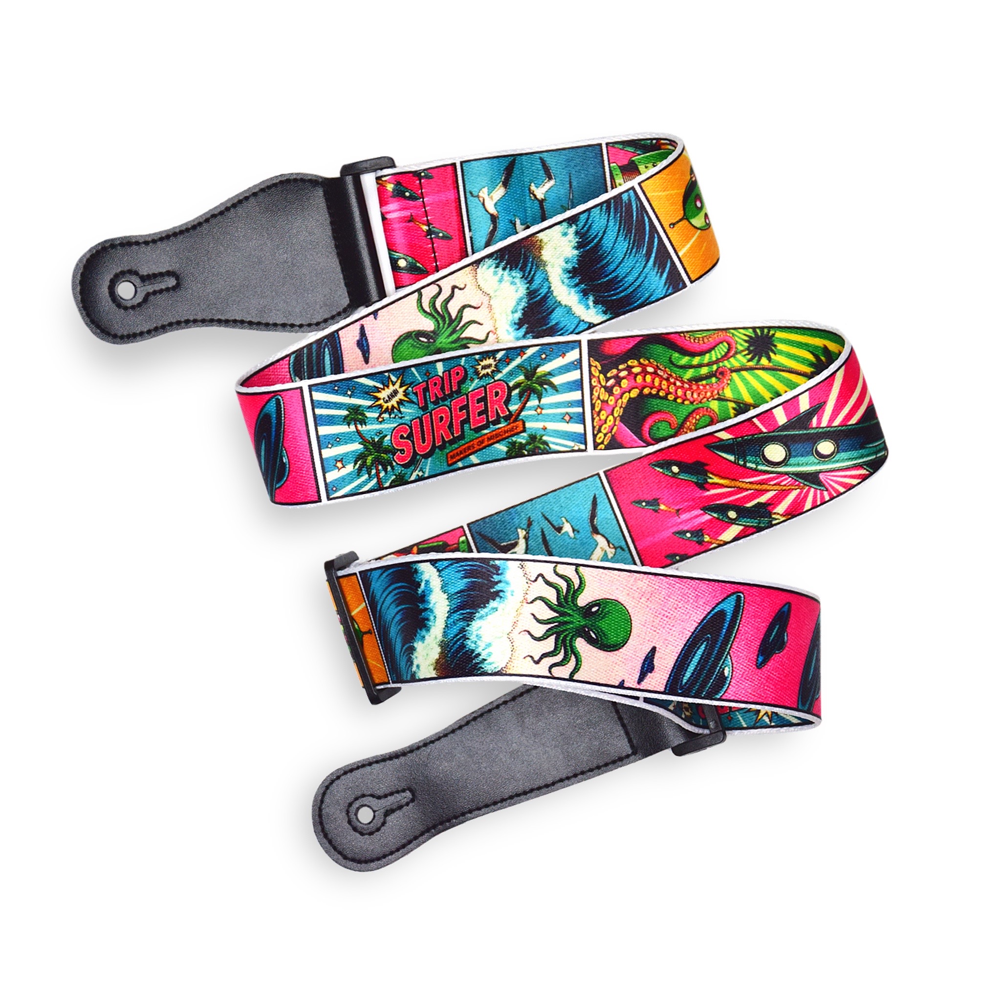 A guitar strap featuring vibrant, colorful, comic-book style, designs,