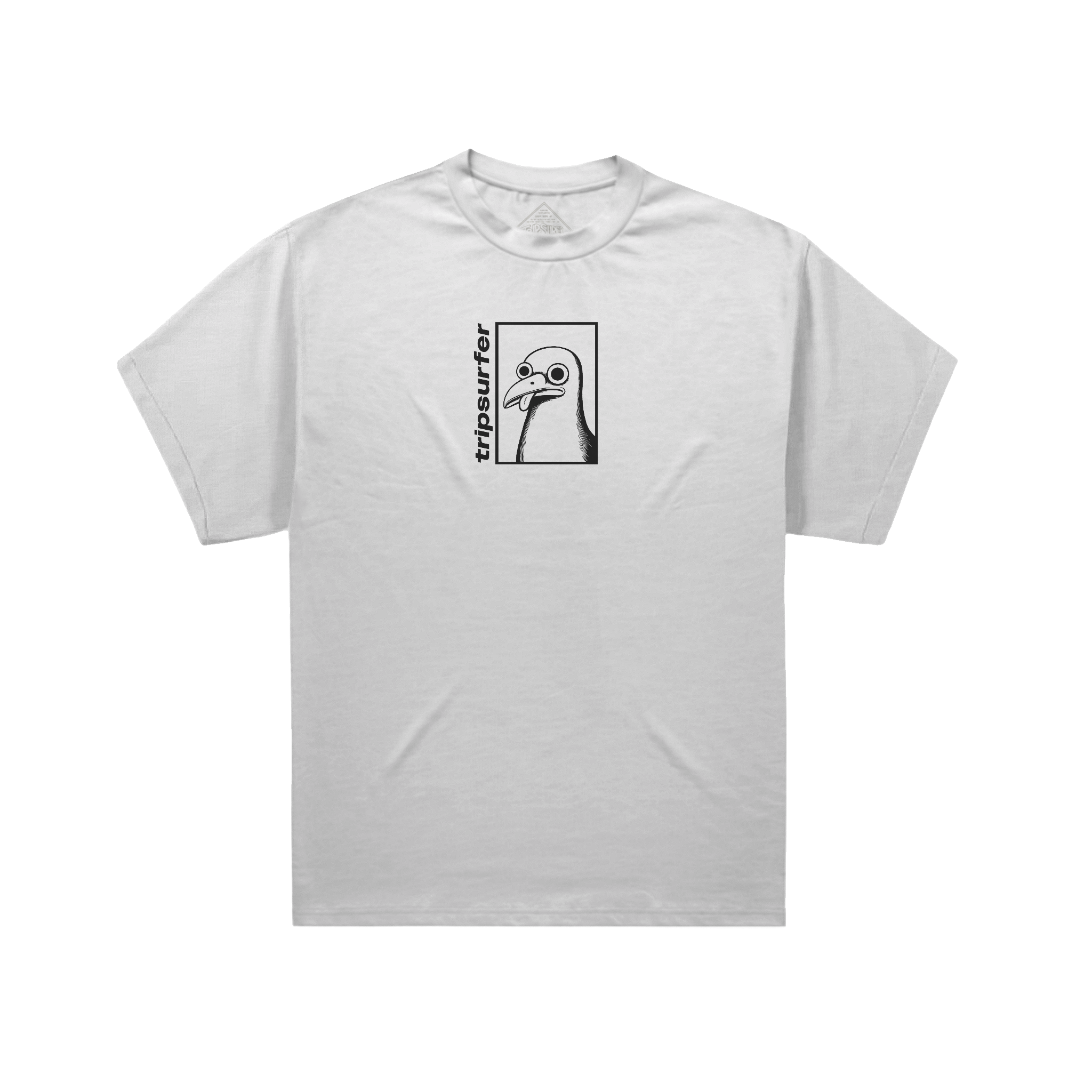 A white tee shirt with a TripSurfer Seagull on the front.